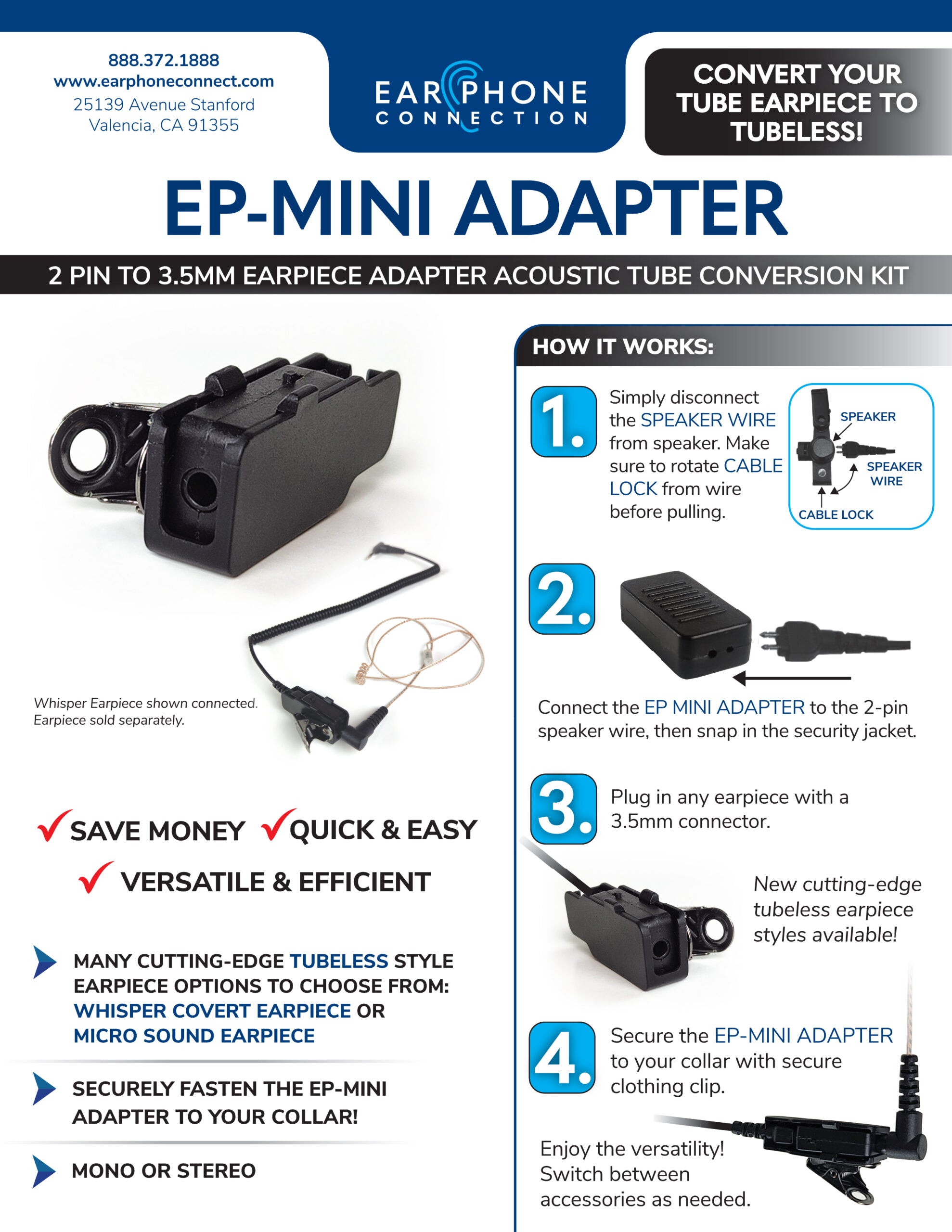 EP-Mini Adapter - Converts Your Acoustic Tube to Tubeless - The Earphone Guy LLC