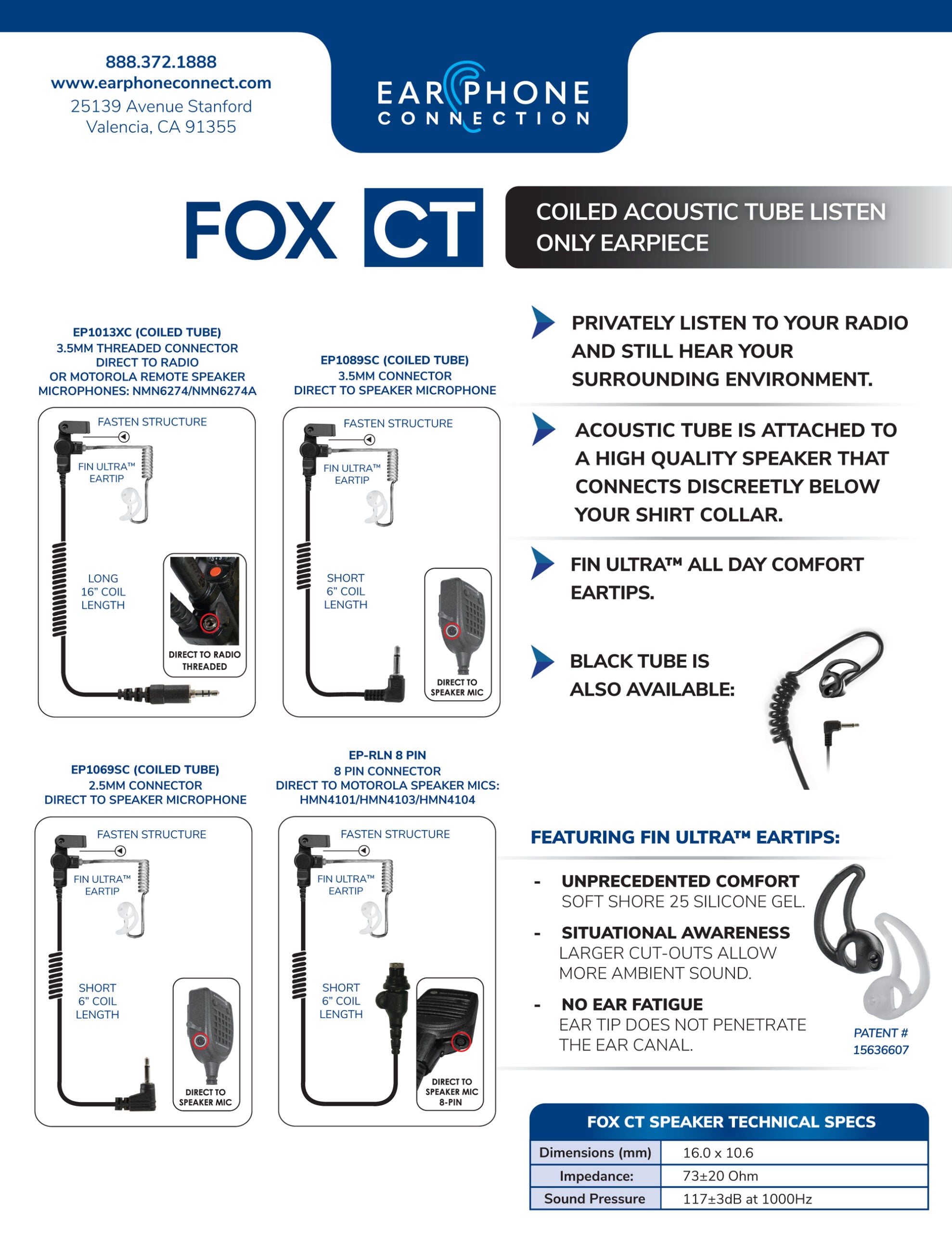 EP-RLN 8 PIN Fox Listen Only Long Tube Earpiece fits Motorola APX Speaker Mics