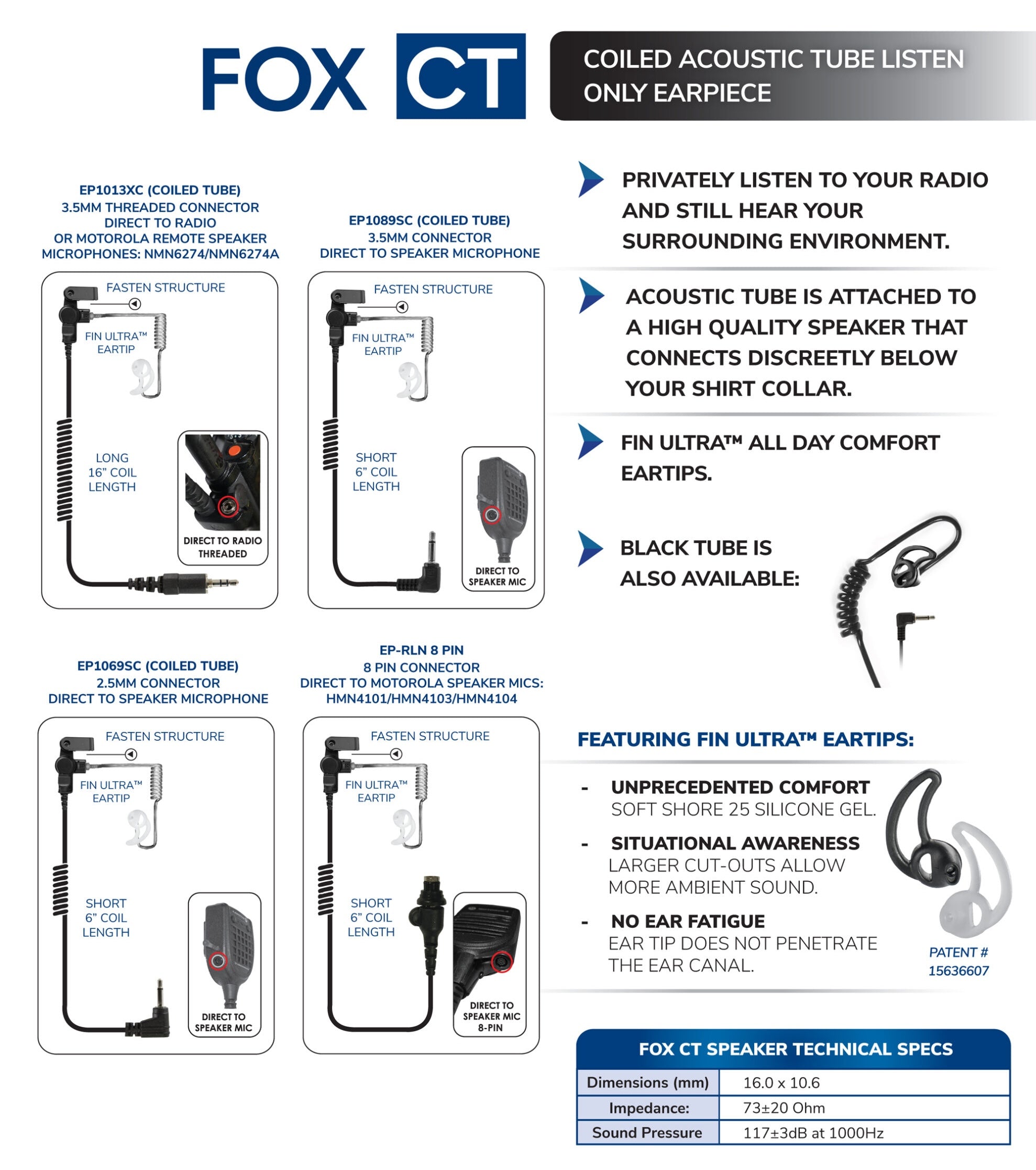 EP1089SC Fox Listen Only Long Tube Earpiece 3.5MM - The Earphone Guy LLC