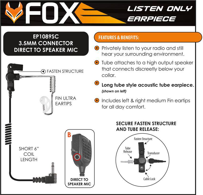 EP1089SCBT Black Diamond Tactical Fox Listen Only Earphone Kit with 3.5mm Connector