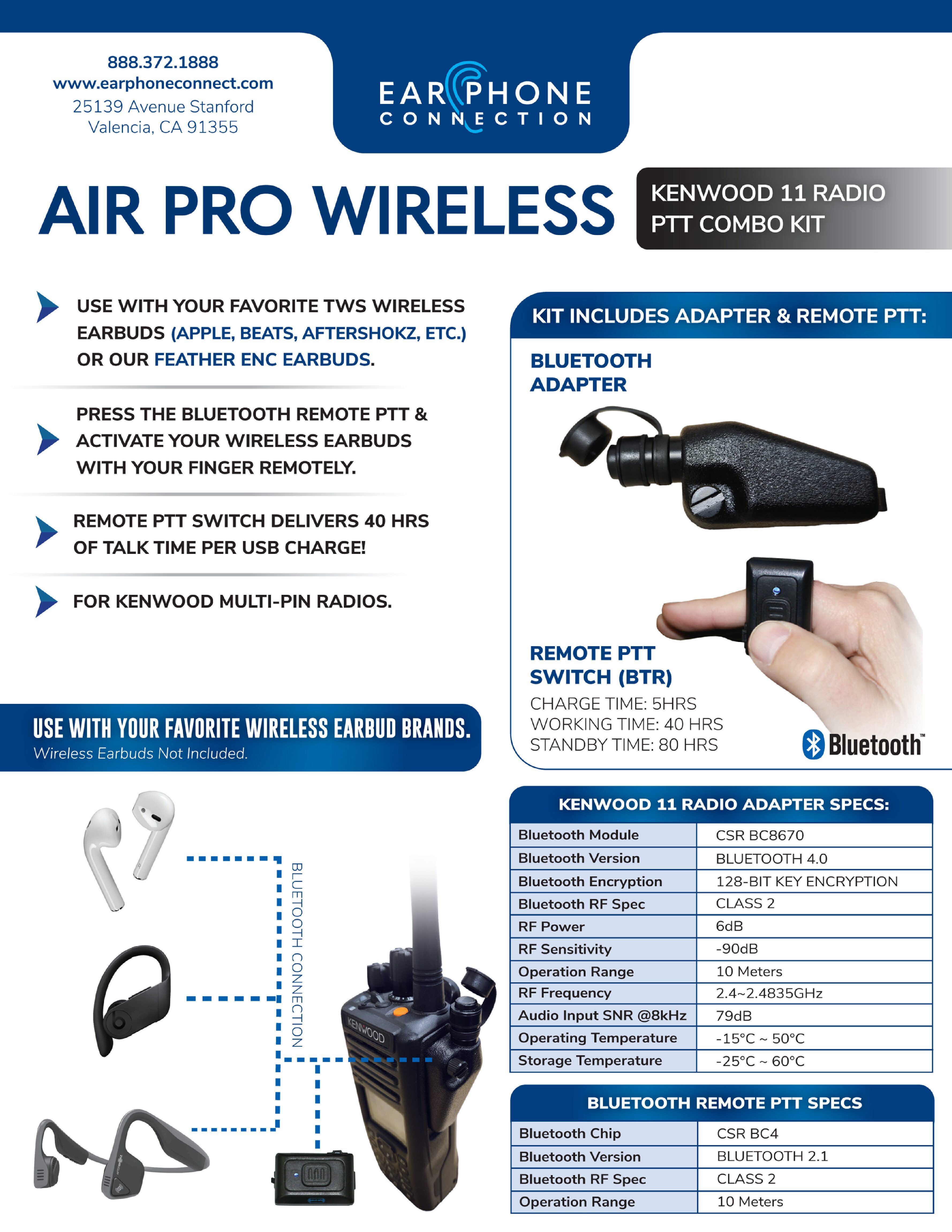 Air Pro Wireless Kenwood Kit for Bluetooth Earbuds