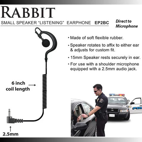 Rabbit Traditional Earhook Listen Only Earpiece - Short Cable 3.5mm and 2.5mm - The Earphone Guy