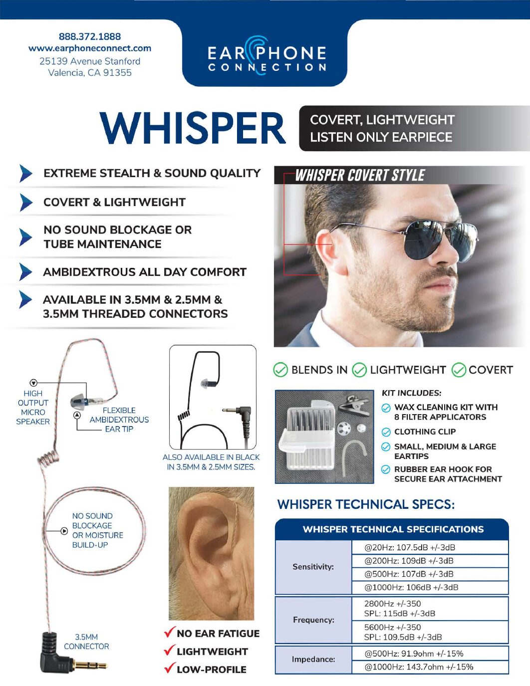 EP1079SC Whisper Covert Listen Only Earpiece - Tactical Black or Clear