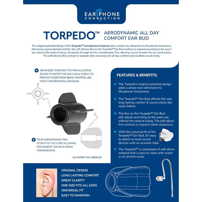 TORPEDO Aerodynamic Earbuds, 100 Pack - Clear or Black - The Earphone Guy LLC