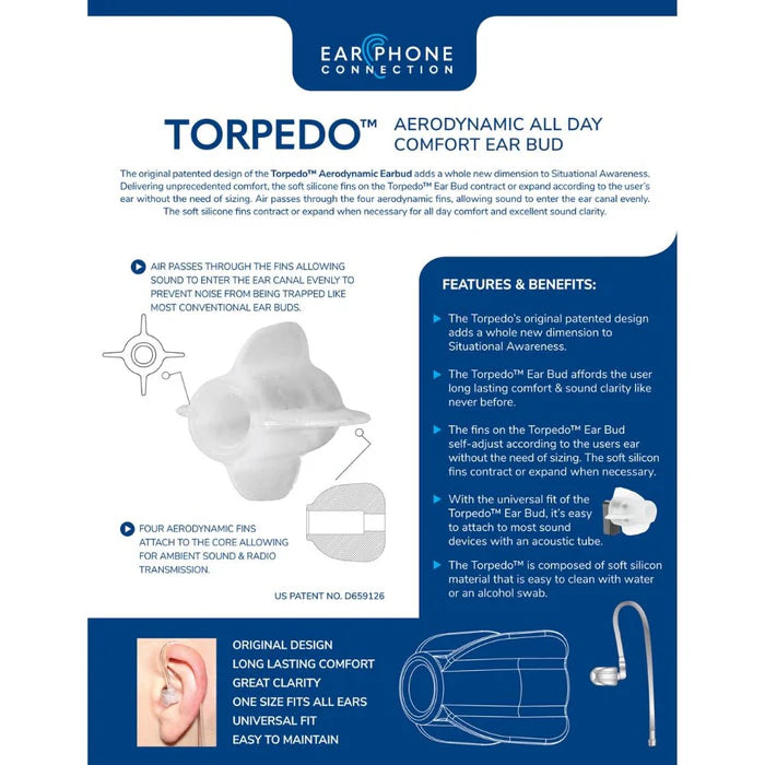 TORPEDO Aerodynamic Earbuds, 25 Pack - Clear or Black - The Earphone Guy LLC