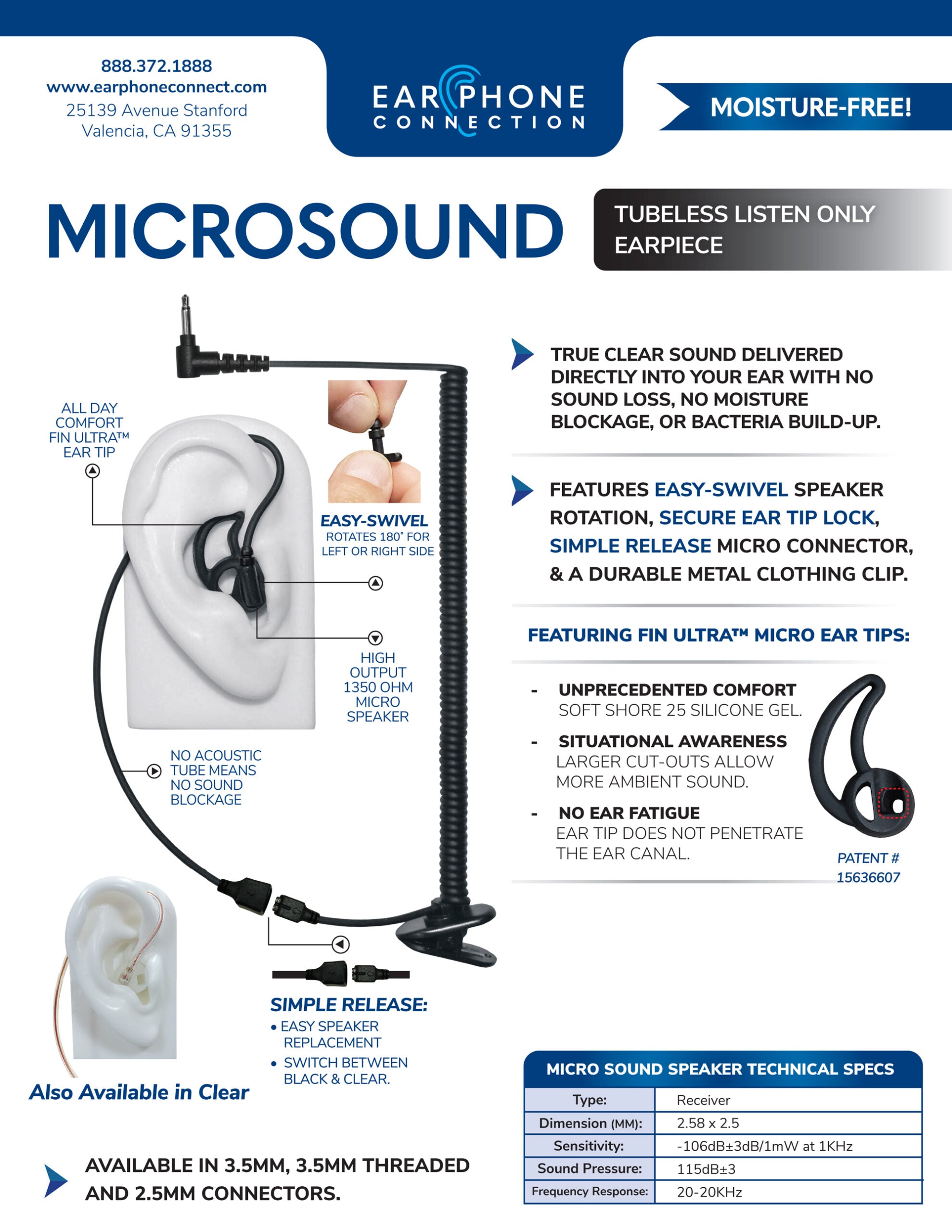 EP-MS1A-B Micro Sound 1A - Tubeless Listen Only Black 3.5mm Earpiece w/No Sound Loss - The Earphone Guy LLC