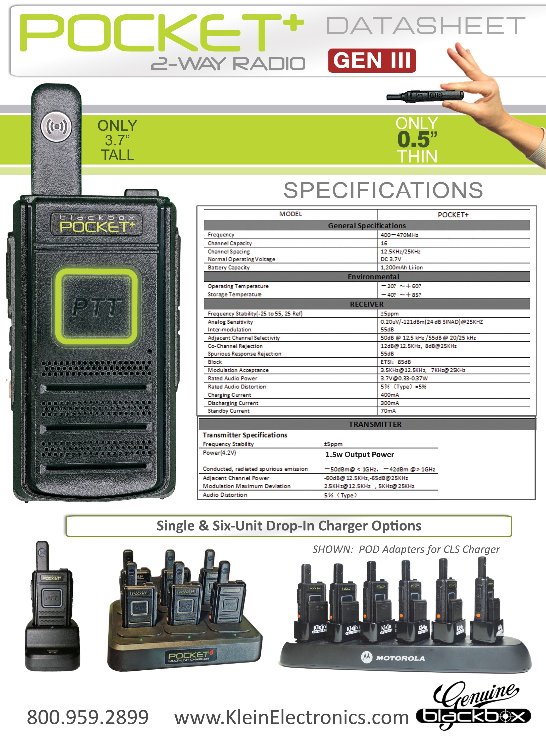 Klein Blackbox Pocket+ UHF Radio w/Motorola Connector - 16CH Radio - The Earphone Guy LLC