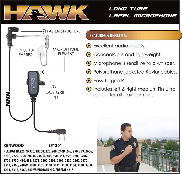 EP1301 Hawk Lapel Microphone fits Kenwood Dual Pin - The Earphone Guy