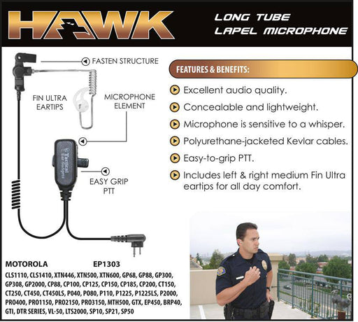 EP1303 Hawk Lapel Microphone fits Motorola / HYT Two Pin - The Earphone Guy
