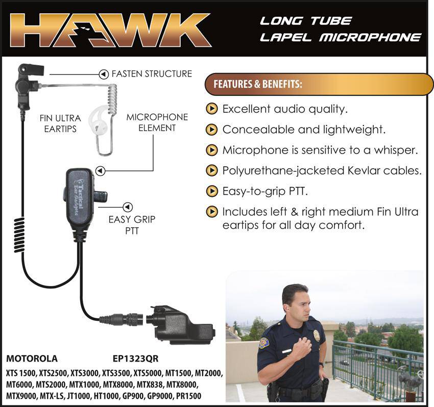 EP1323QR, Hawk, Lapel Microphone, w/Quick Release fits Motorola - The Earphone Guy