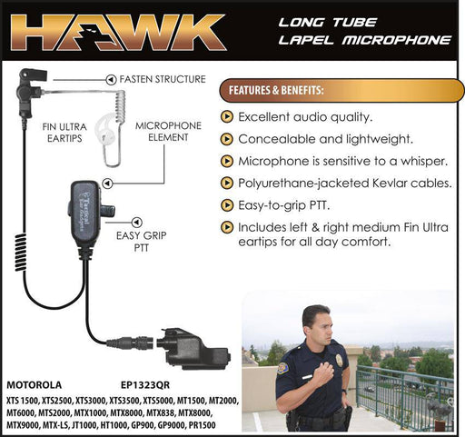 EP1323QR, Hawk, Lapel Microphone, w/Quick Release fits Motorola - The Earphone Guy