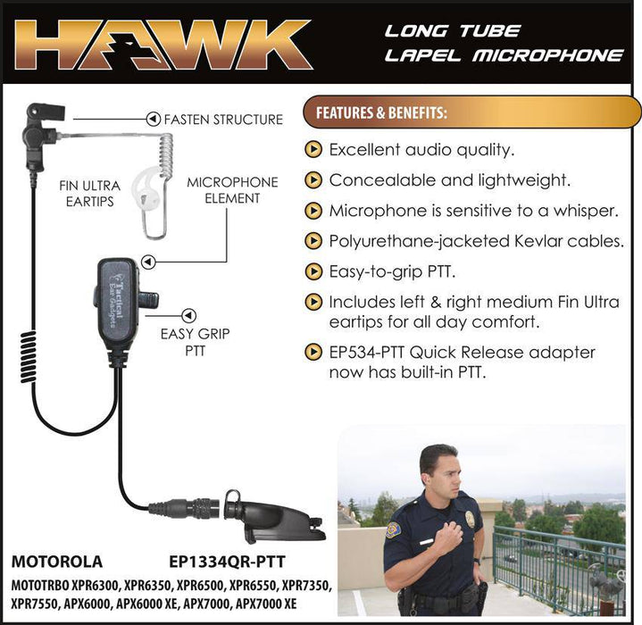 EP1334QR, Hawk, Lapel Microphone, w/Quick Release fits Motorola - The Earphone Guy