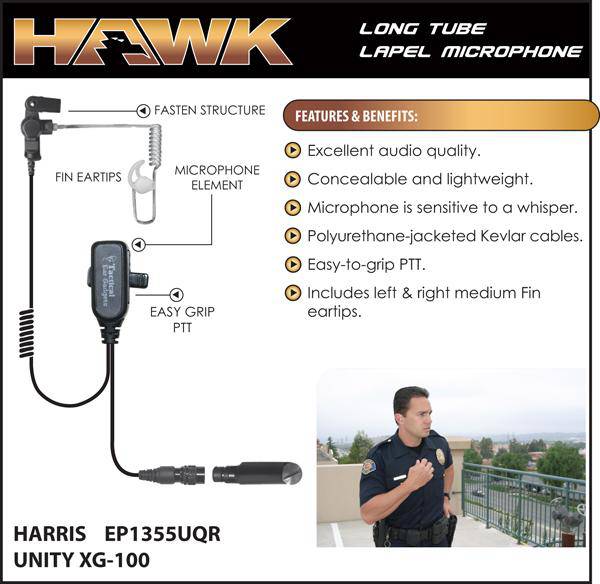 EP1355UQR, Hawk, Lapel Microphone, w/Quick Release fits Harris XG100 - The Earphone Guy