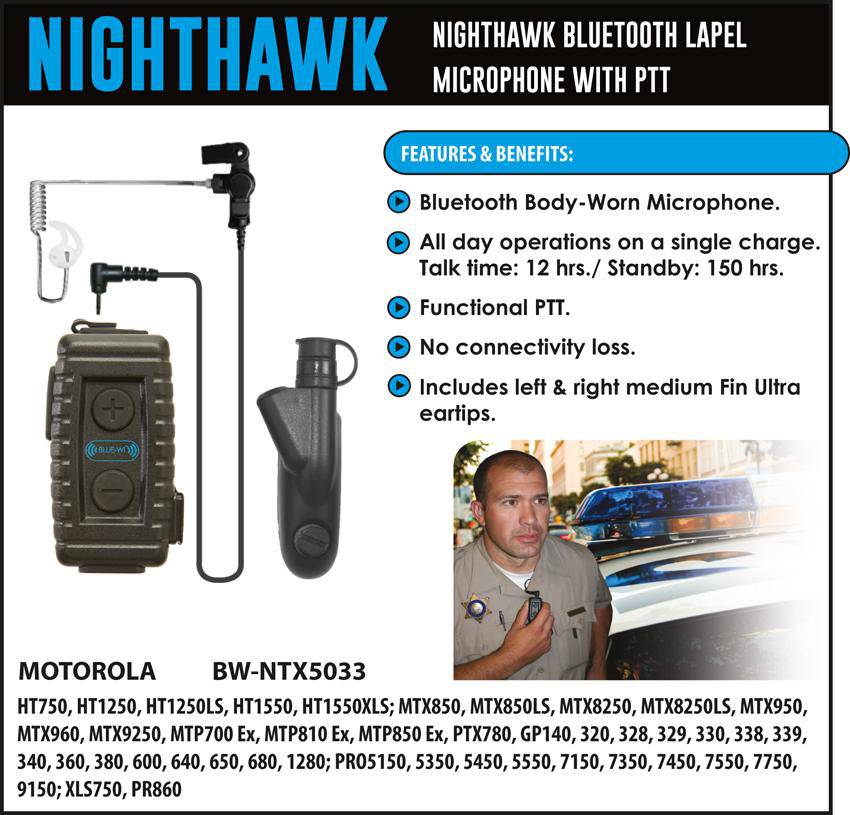 BlueWi BW-NTX5033 Nighthawk Bluetooth Lapel Microphone for Motorola HT - The Earphone Guy